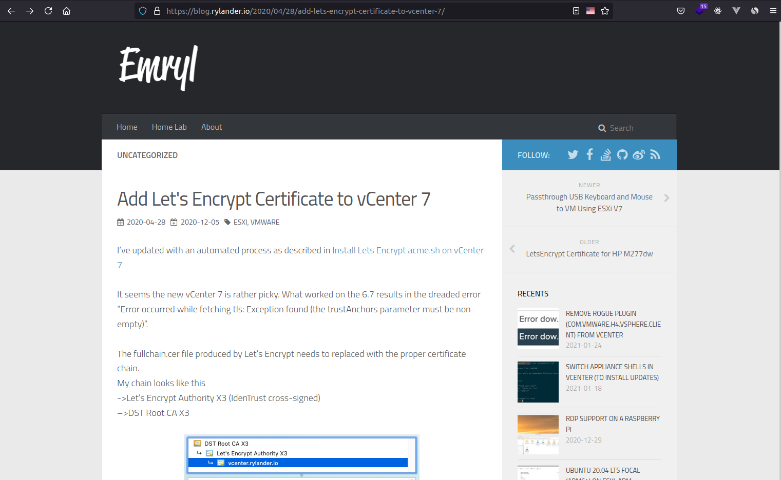 Add Let&rsquo;s Encrypt Certificate to vCenter 7